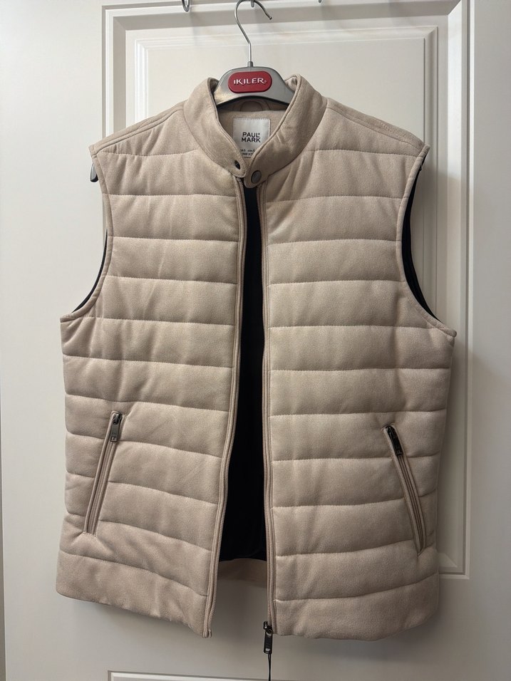 Paulmark S beden Bej Süet Yelek, Fermuarlı, Yüksek Yaka - Görsel 4