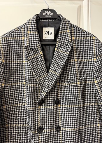 ZARA ERKEK Düğmeli Gri Midi Kadın Ekose Kaban XXL - Görsel 5