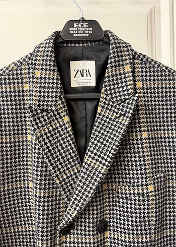 ZARA ERKEK Düğmeli Gri Midi Kadın Ekose Kaban XXL - Görsel 2