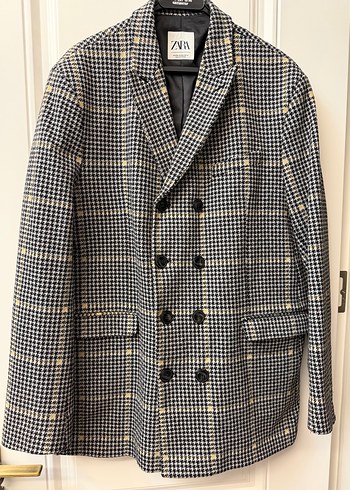 ZARA ERKEK Düğmeli Gri Midi Kadın Ekose Kaban XXL - Görsel 6