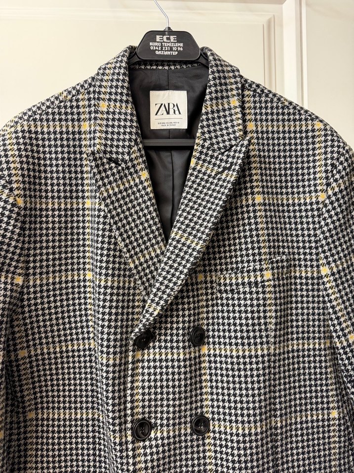 ZARA ERKEK Düğmeli Gri Midi Kadın Ekose Kaban XXL - Görsel 5