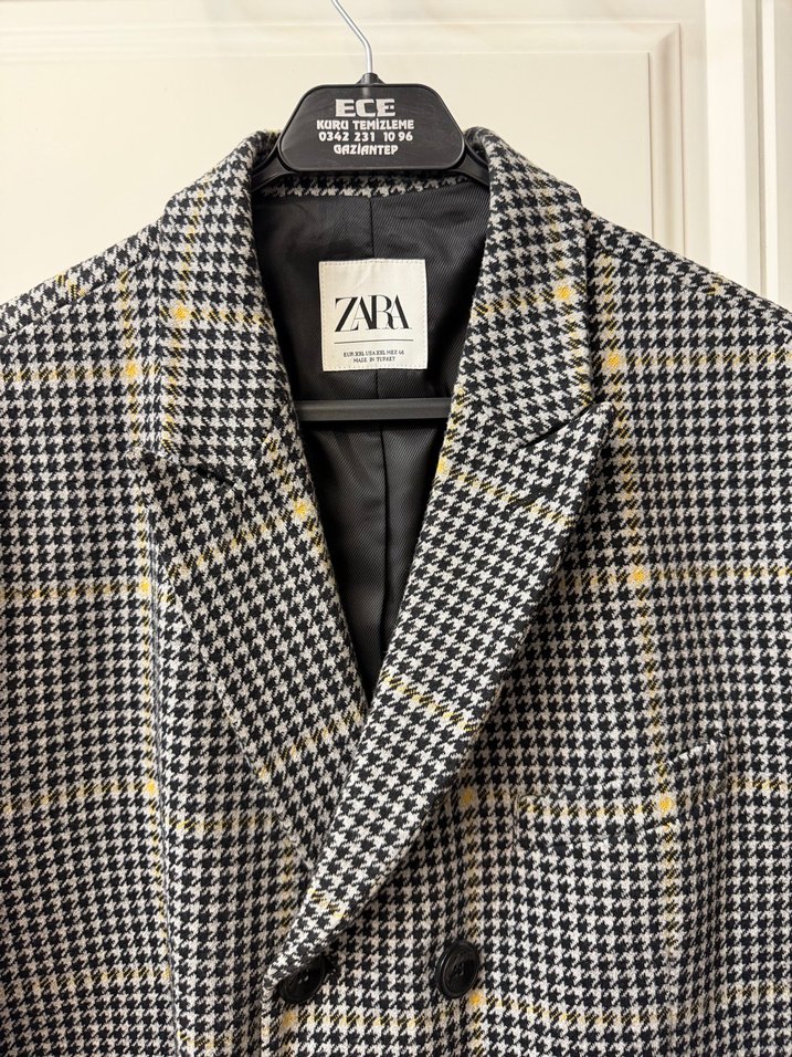 ZARA ERKEK Düğmeli Gri Midi Kadın Ekose Kaban XXL - Görsel 2