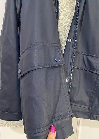 Düğmeli Lacivert Deri Kadın Ceket - Görsel 2