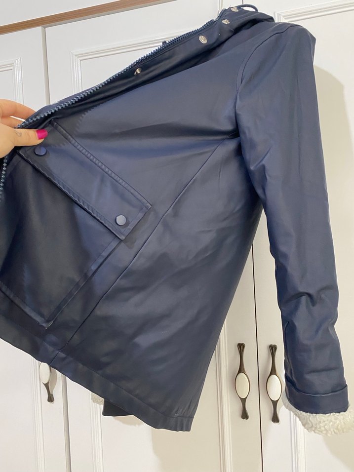 Düğmeli Lacivert Deri Kadın Ceket - Görsel 4