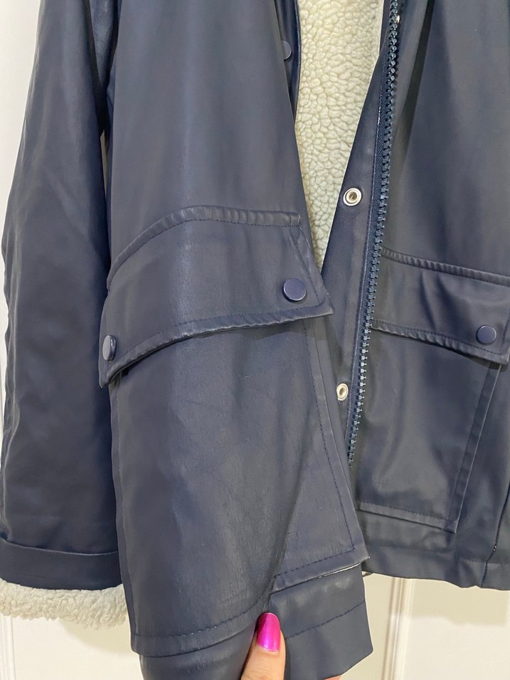 Düğmeli Lacivert Deri Kadın Ceket - Görsel 2