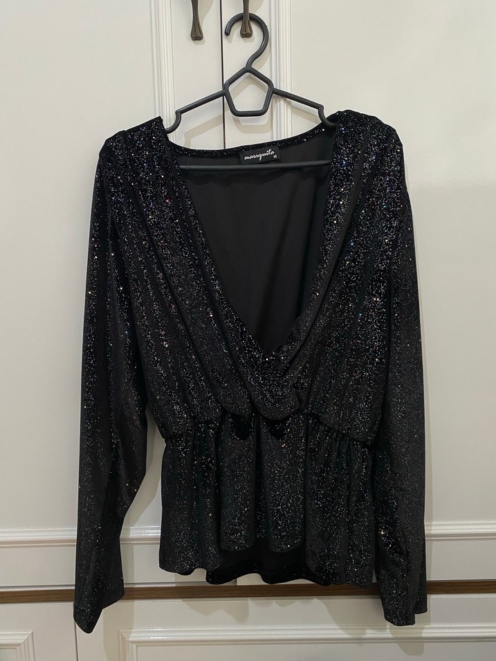 Siyah Drapeli V Yakalı Uzun Kollu Bluz - Görsel 2