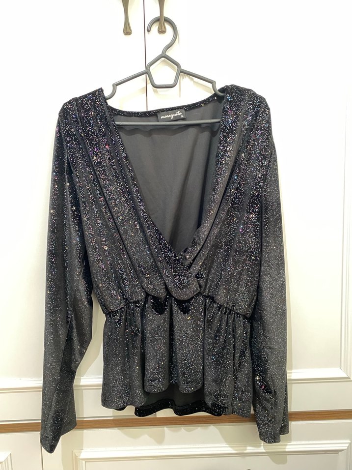 Siyah Drapeli V Yakalı Uzun Kollu Bluz - Görsel 3