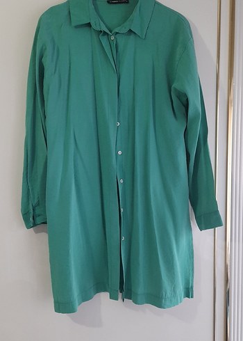 Düğmeli Yeşil Keten Kadın Gömlek - Görsel 2