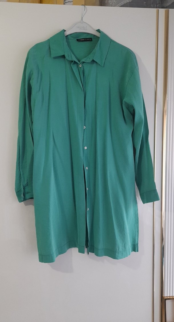 Düğmeli Yeşil Keten Kadın Gömlek - Görsel 2