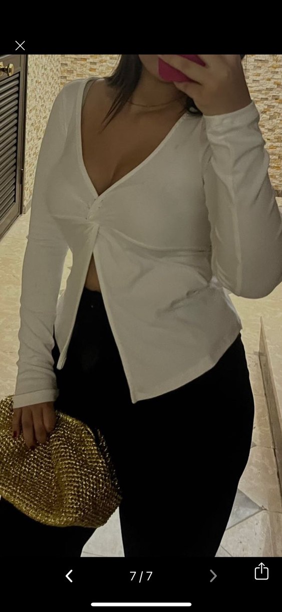 Beyaz Drapeli V Yaka Kadın Bluz - Görsel 2