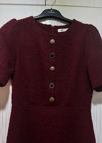 Düğmeli Bordo Midi Kadın Elbise - Görsel 3