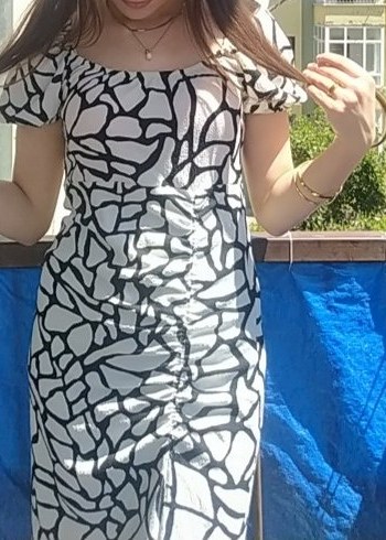 Zebra Desenli V Yaka Midi Elbise - Görsel 2