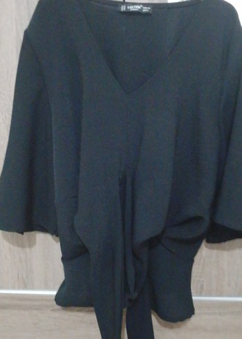 Siyah V Yakalı Drapeli Kadın Bluz kurdalli - Görsel 2