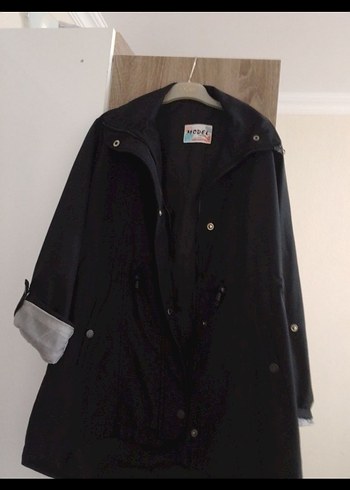 Düğmeli Siyah Midi Kadın Ceket keten yağmurluk - Görsel 3