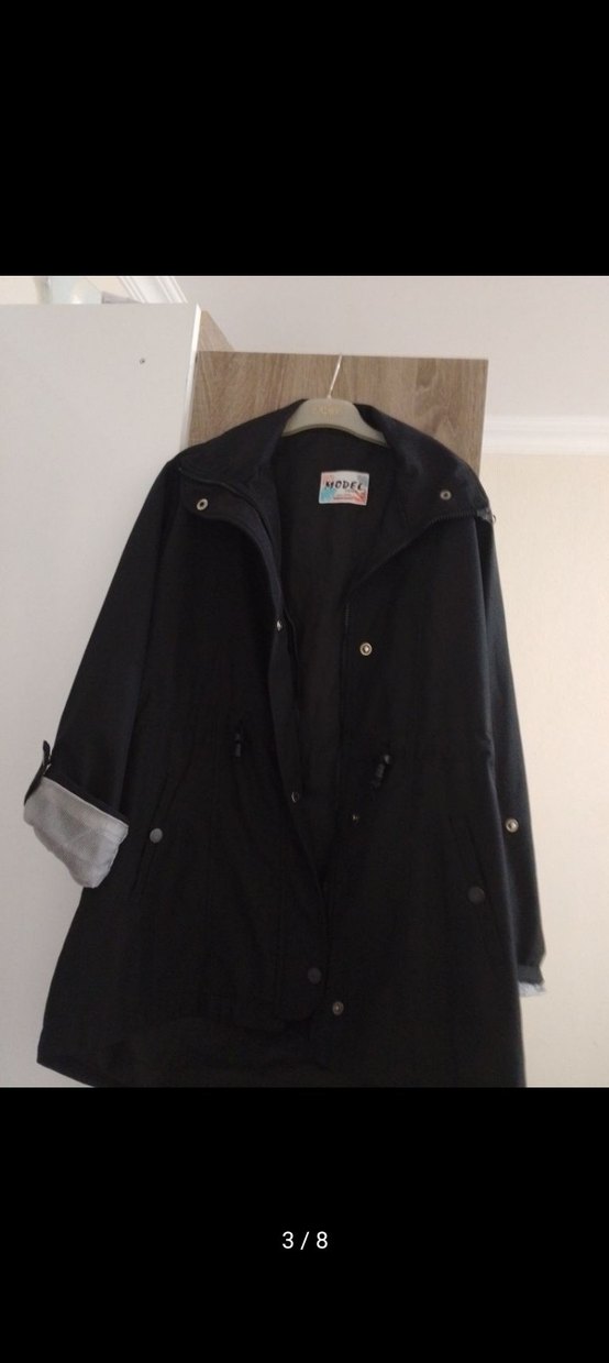 Düğmeli Siyah Midi Kadın Ceket keten yağmurluk - Görsel 3