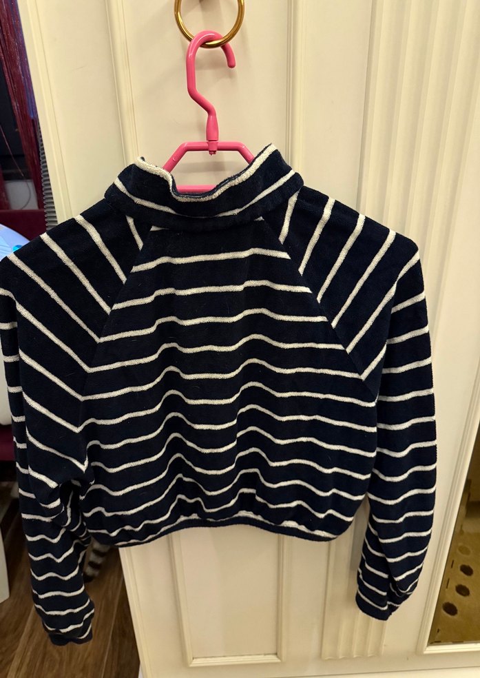 Fermuarlı Çizgili Gri Kadın Sweatshirt altı lastikli crop tarzı - Görsel 5