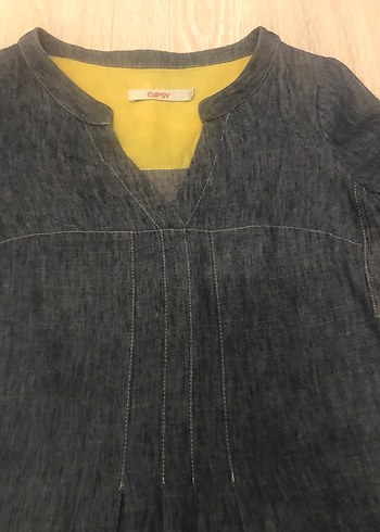 Sarı Astarlı V Yaka Denim Elbise - Görsel 9