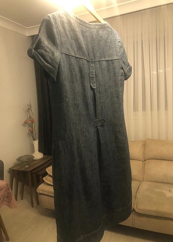 Sarı Astarlı V Yaka Denim Elbise - Görsel 2