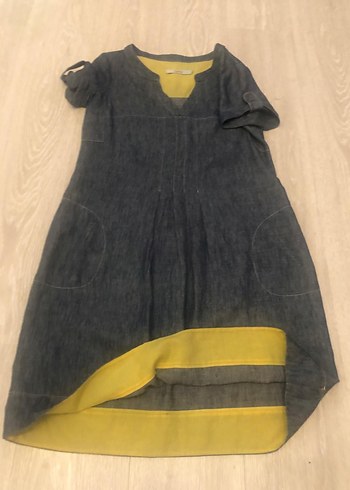 Sarı Astarlı V Yaka Denim Elbise - Görsel 6