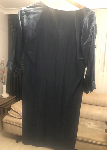 Lacivert V Yaka Midi Denim Elbise - Görsel 2