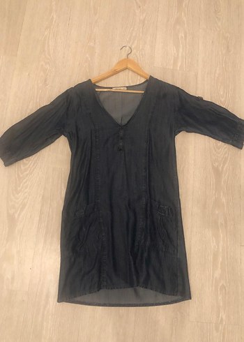 Lacivert V Yaka Midi Denim Elbise - Görsel 3