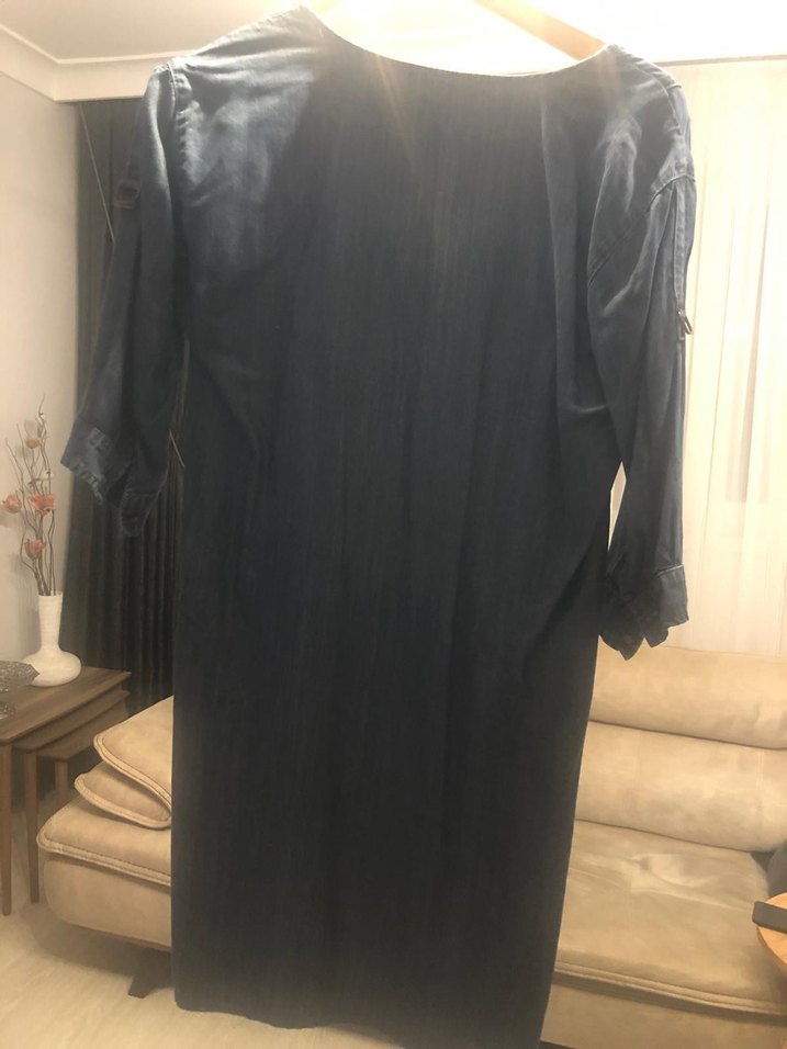 Lacivert V Yaka Midi Denim Elbise - Görsel 2