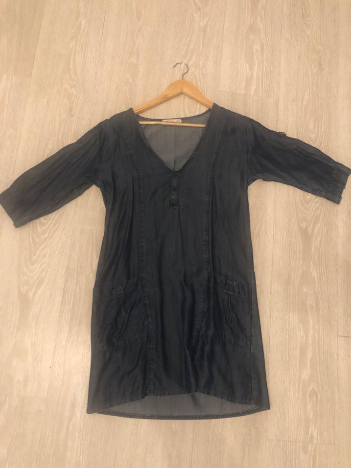 Lacivert V Yaka Midi Denim Elbise - Görsel 3