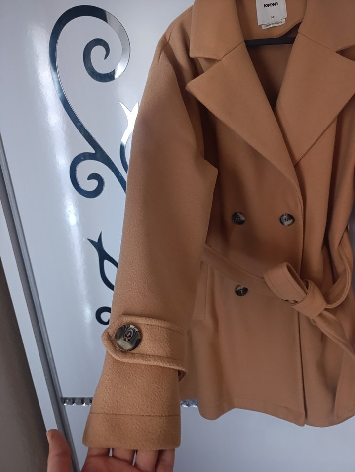 Bej Midi Kadın Kemerli Kaban - Görsel 2