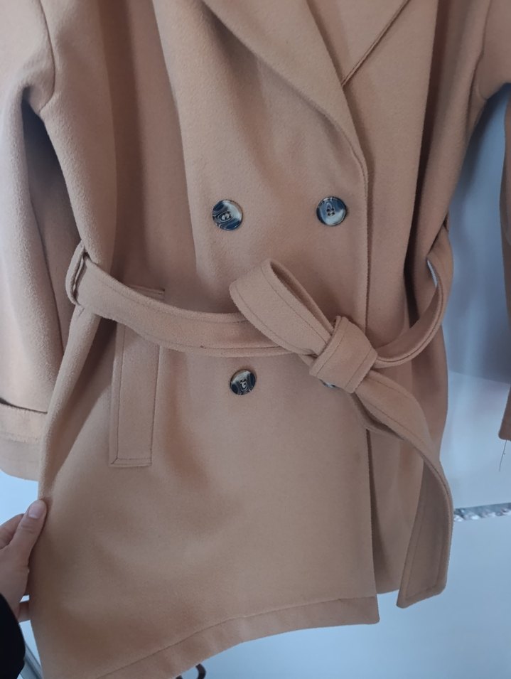 Bej Midi Kadın Kemerli Kaban - Görsel 5