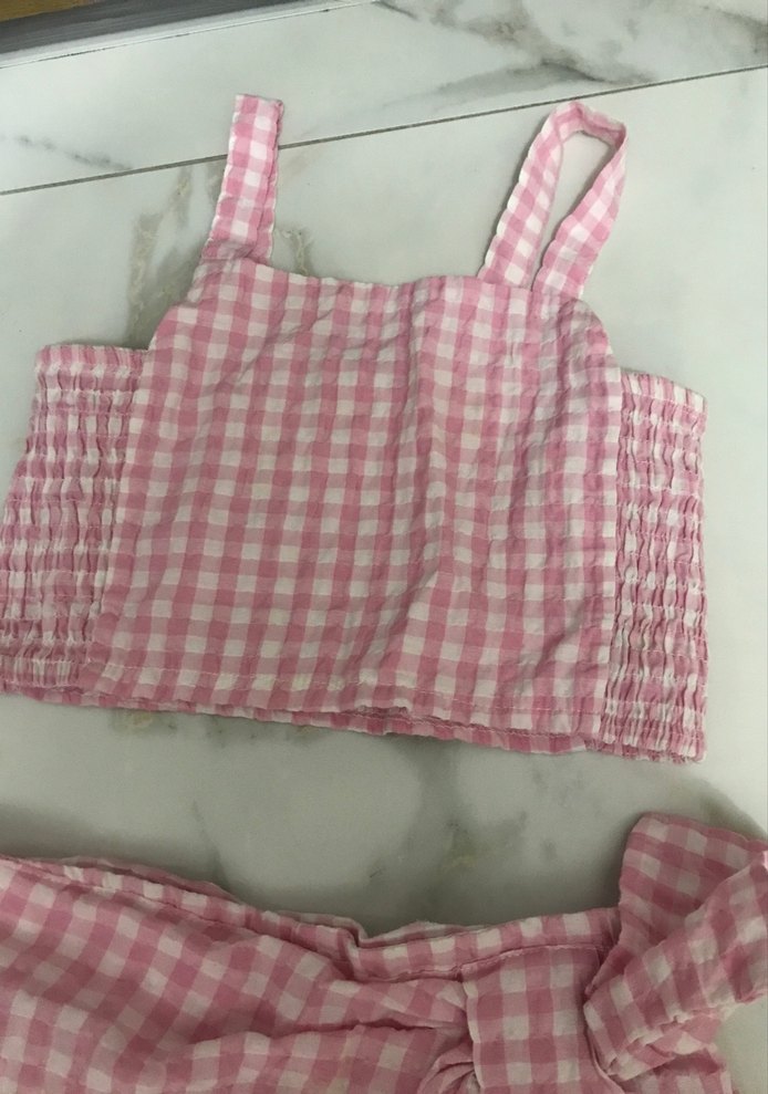 Pembe Kareli Askılı Bebek Kız Takımı - Görsel 3