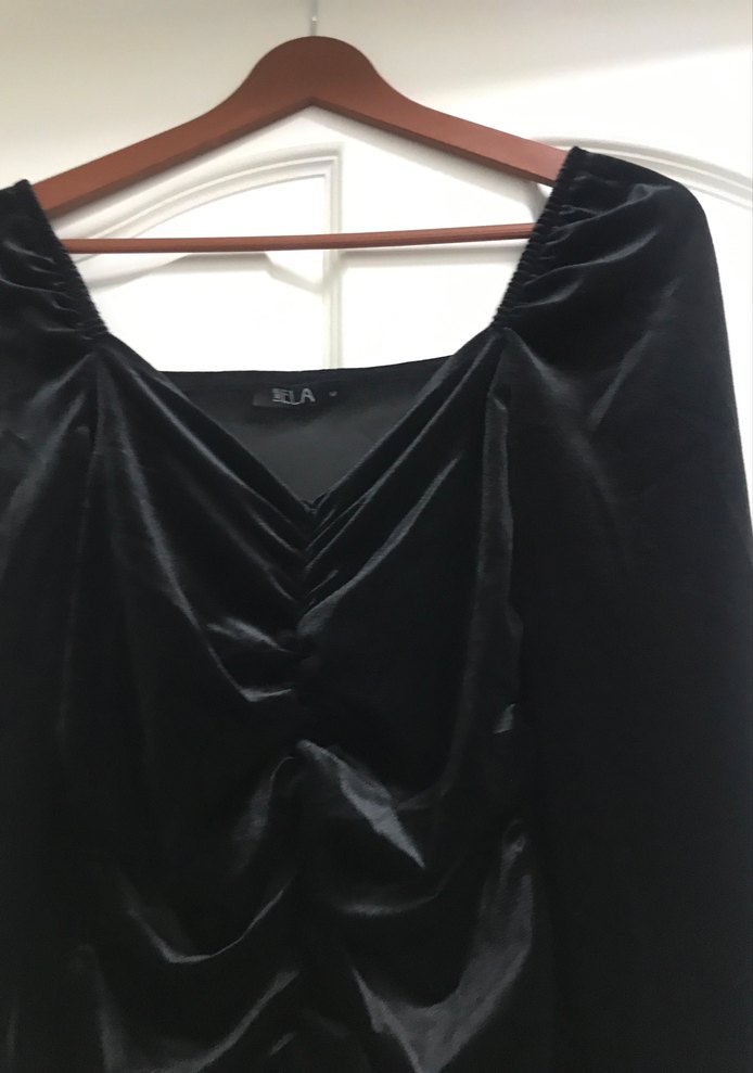 Uzun Kollu Drapeli Siyah Midi Elbise - Görsel 2