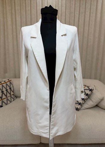Diğer Vatkali Uzun Beyaz Kadin Blazer Ceket