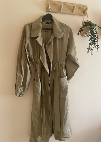 Kadın Bej Kemerli Uzun Keten Trençkot - Görsel 2