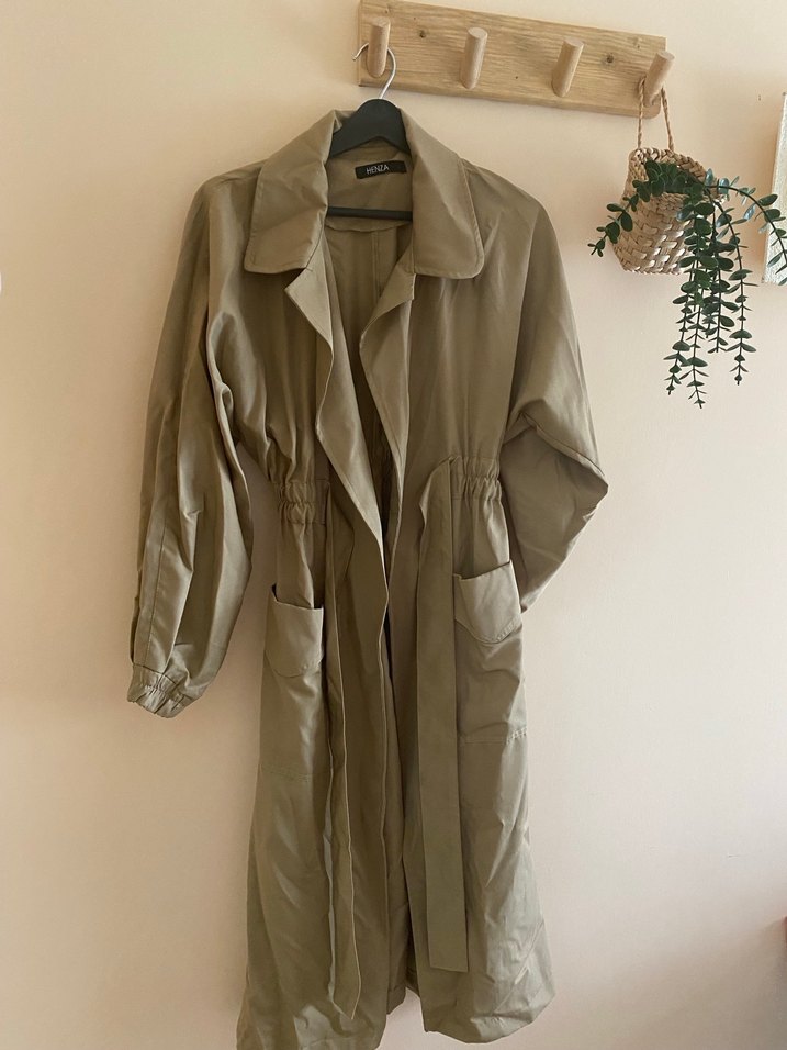 Kadın Bej Kemerli Uzun Keten Trençkot - Görsel 2