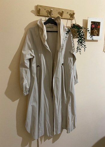 Taş rengi Uzun Keten Kadın Trençkot - Görsel 2