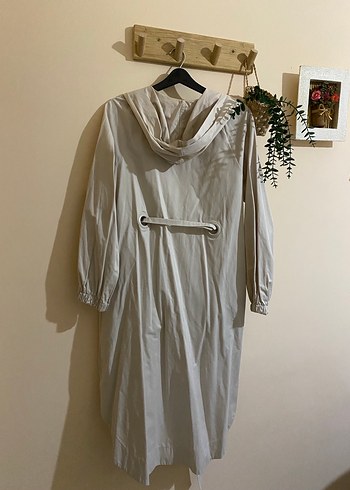 Taş rengi Uzun Keten Kadın Trençkot - Görsel 3