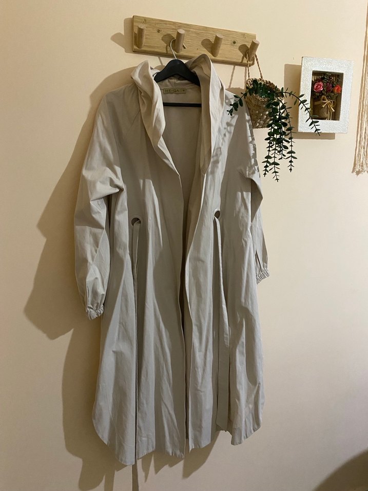 Taş rengi Uzun Keten Kadın Trençkot - Görsel 2