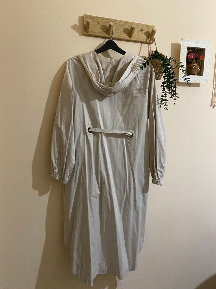 Taş rengi Uzun Keten Kadın Trençkot - Görsel 3