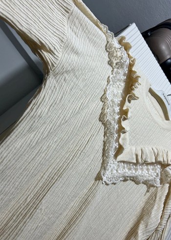 Bej Uzun Kollu Fırfırlı Triko  Elbise - Görsel 2