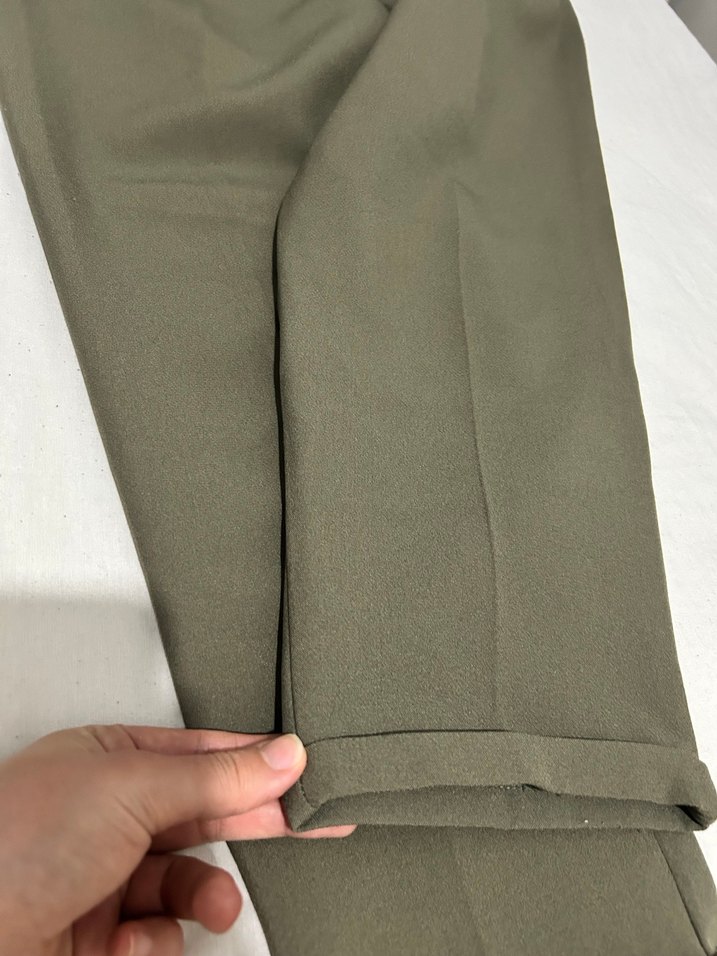 Düğmeli Haki Kadın Keten Pantolon - Görsel 2