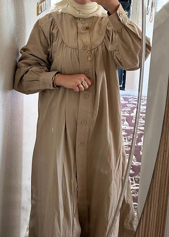 Bej Uzun Keten Kadın Ferace Trençkot - Görsel 2