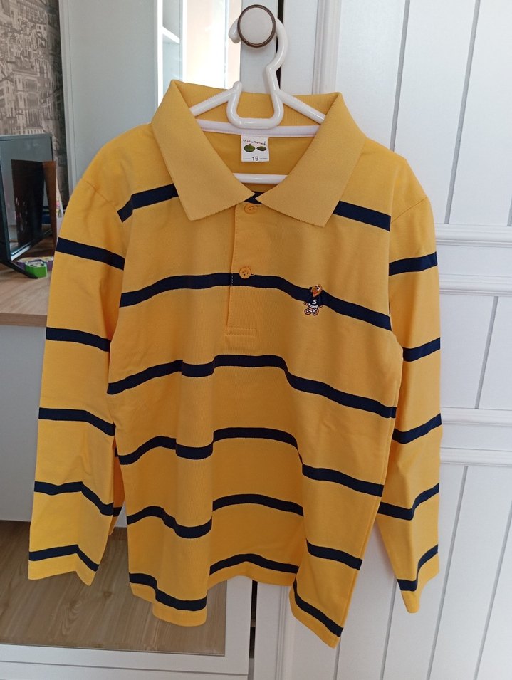 Erkek Çocuk pamuklu Sarı Çizgili Uzun Kollu Polo tişört - Görsel 4