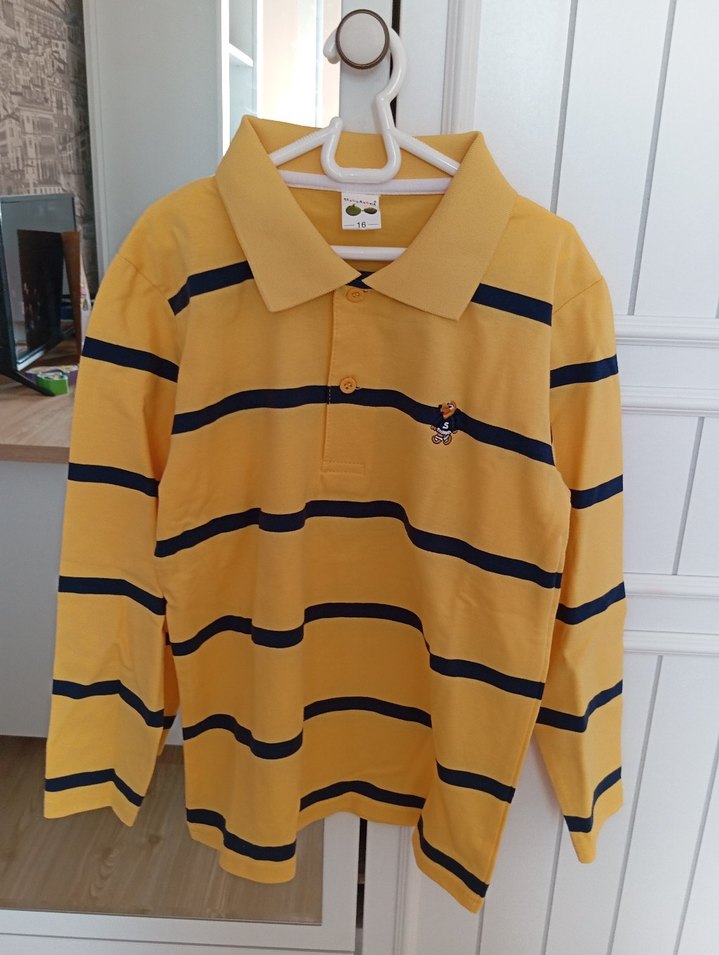 Erkek Çocuk pamuklu Sarı Çizgili Uzun Kollu Polo tişört - Görsel 2