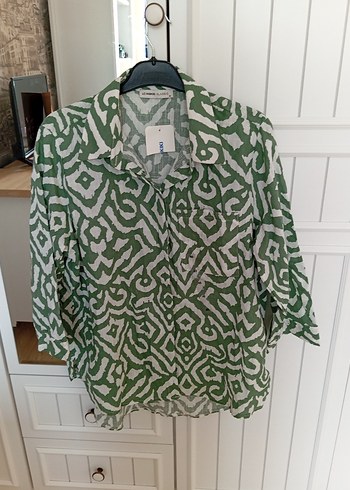 Yeşil Desenli Bol Kesim Keten Gömlek - Görsel 6