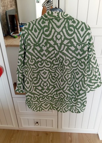 Yeşil Desenli Bol Kesim Keten Gömlek - Görsel 7