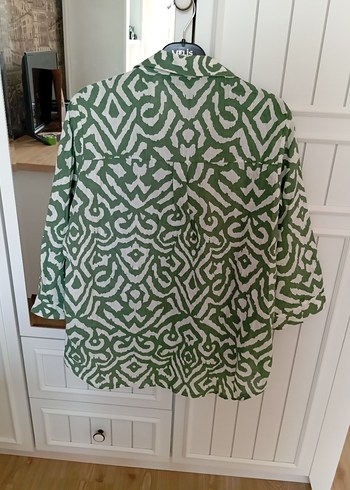 Yeşil Desenli Bol Kesim Keten Gömlek - Görsel 10