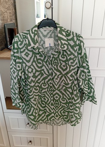 Yeşil Desenli Bol Kesim Keten Gömlek - Görsel 5