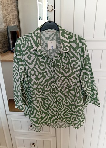 Yeşil Desenli Bol Kesim Keten Gömlek - Görsel 3