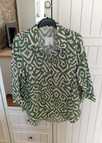 Yeşil Desenli Bol Kesim Keten Gömlek - Görsel 4