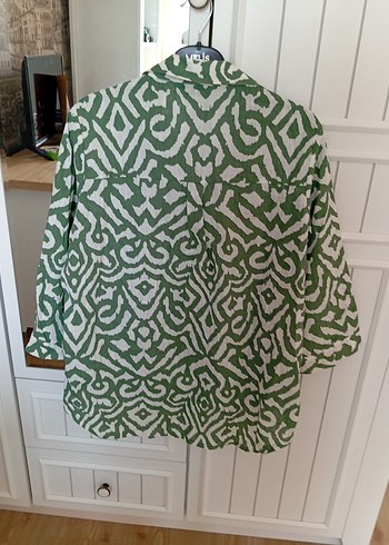 Yeşil Desenli Bol Kesim Keten Gömlek - Görsel 8